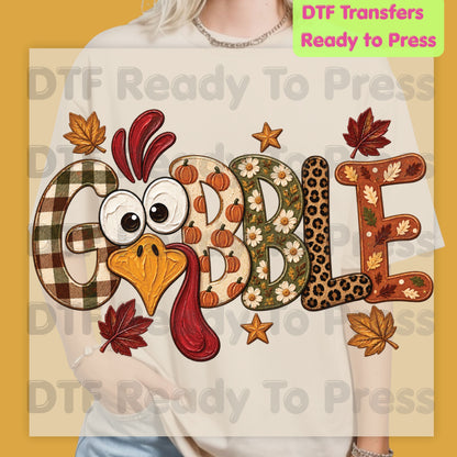 Thanksgiving DTF Transfer, Gobble Turkey Face, Plaid Leopard