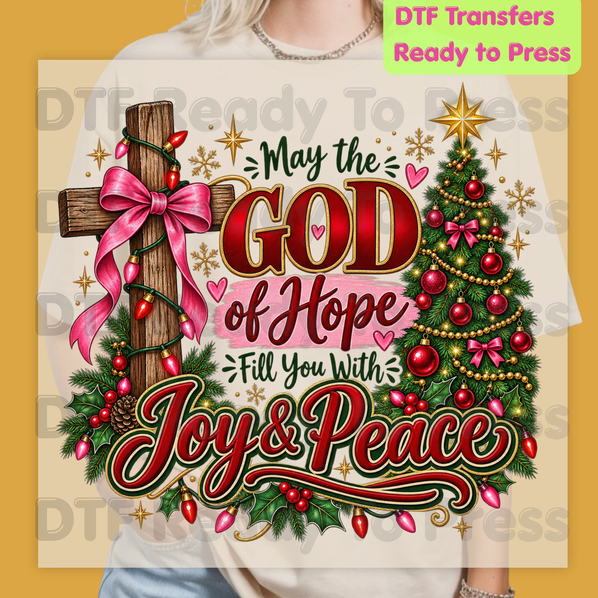 Christian Christmas DTF Transfers, Cross God of Hope Joy Peace Faith Holiday Ready to Press