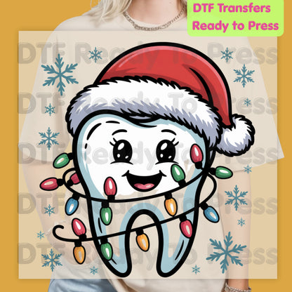 Christmas Cute Dental Tooth DTF Transfers, Dentist Hygienist Santa Holiday Lights Ready to Press