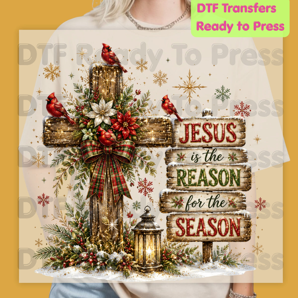 Jesus Is the Reason Christmas DTF Transfers, Cross Red Cardinals Christian Holiday Ready to Press