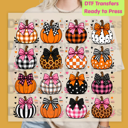 Coquette Bow Pumpkin Halloween DTF Transfers, Pink Plaid Leopard Spooky Ready to Press