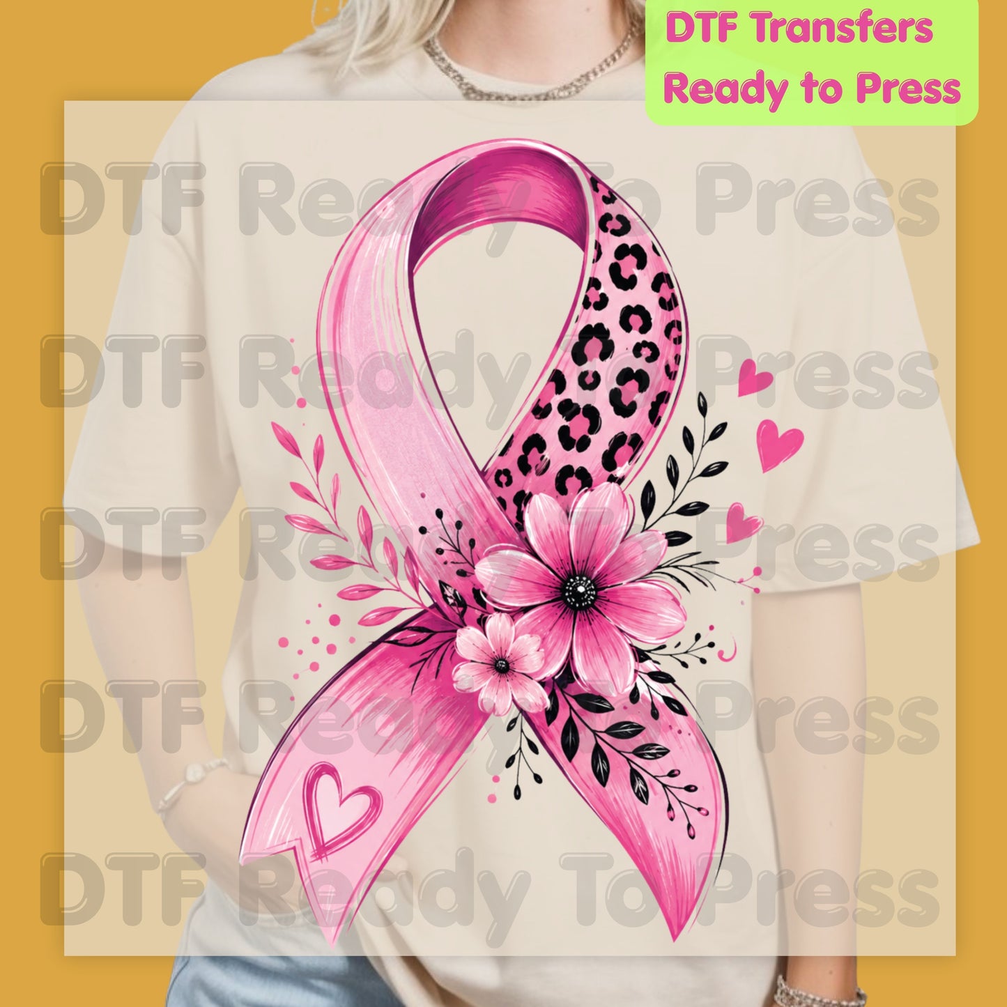 Leopard Floral Pink Ribbon Breast Cancer Awareness DTF Transfer Ready to Press Heat Transfer Tee