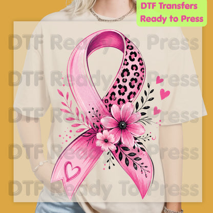 Leopard Floral Pink Ribbon Breast Cancer Awareness DTF Transfer Ready to Press Heat Transfer Tee