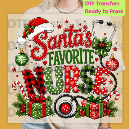 Santa's Favorite Nurse DTF Transfers, Christmas Medical Nursing Stethoscope Holiday Ready to Press
