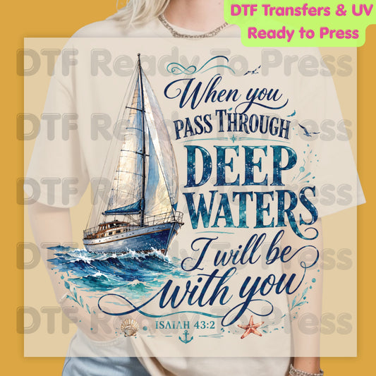 When You Pass Through Deep Waters DTF Transfer Ready to Press Isaiah 43:2 Bible Verse UV DTF Sticker Christian Sailboat Ocean Waves Sea Anchor Heat Transfer for Shirts