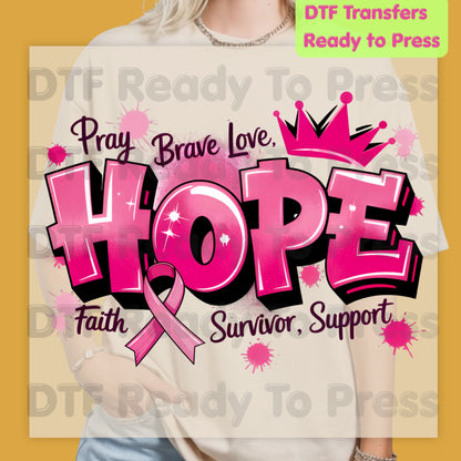 Breast Cancer Hope DTF Transfers, Pink Ribbon Survivor Awareness Support Ready to Press