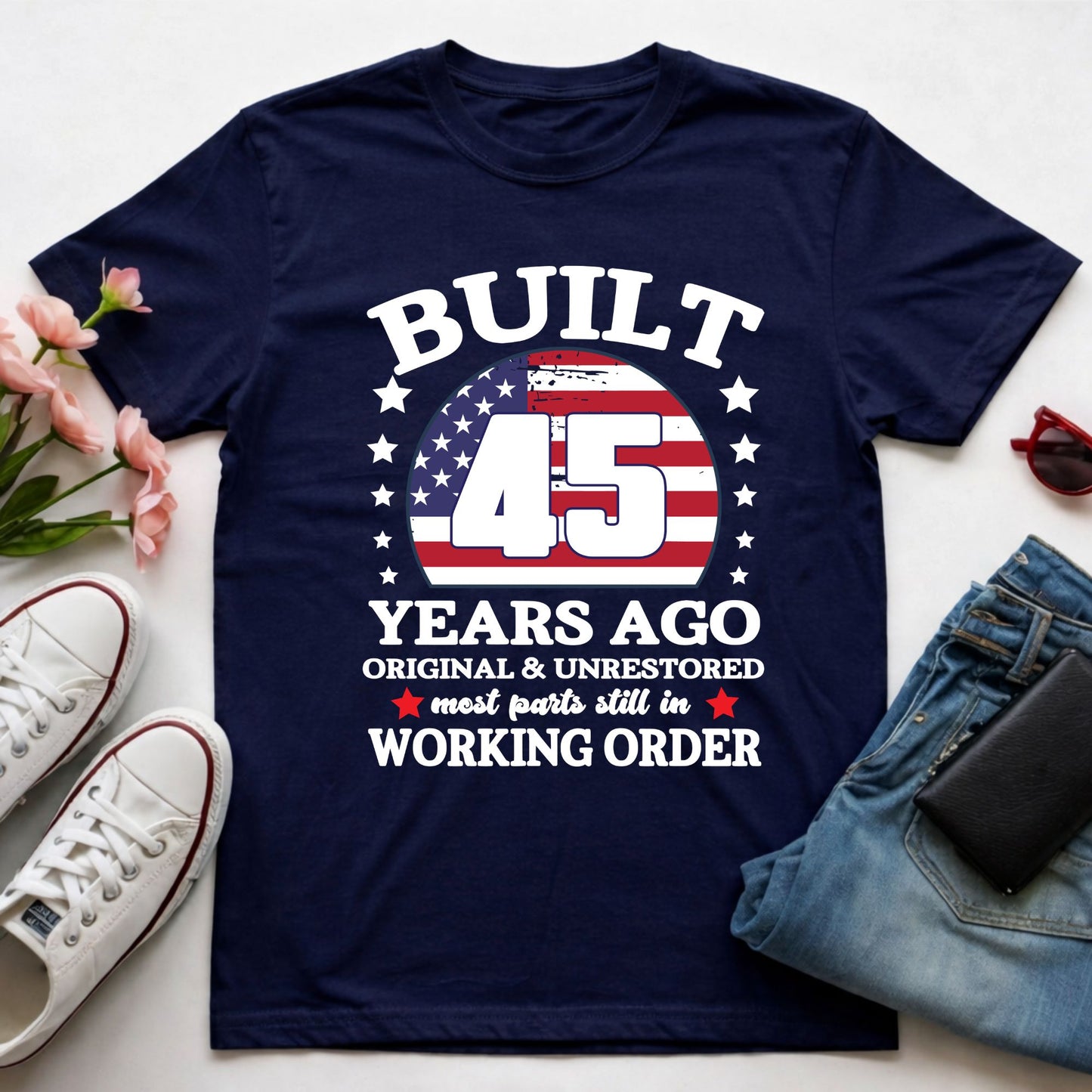 45th Birthday Shirt Built 45 Years Ago T-Shirt American Flag Birthday Gift