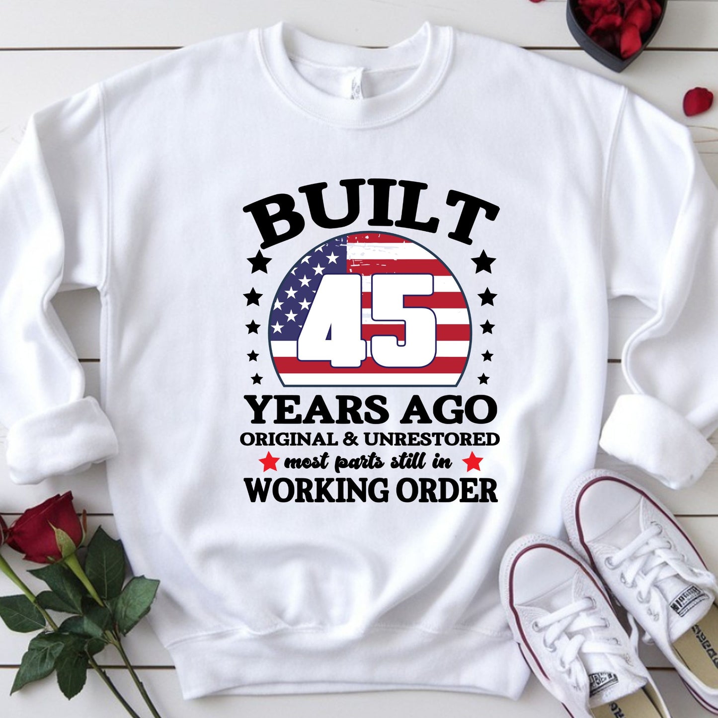 45th Birthday Shirt Built 45 Years Ago T-Shirt American Flag Birthday Gift