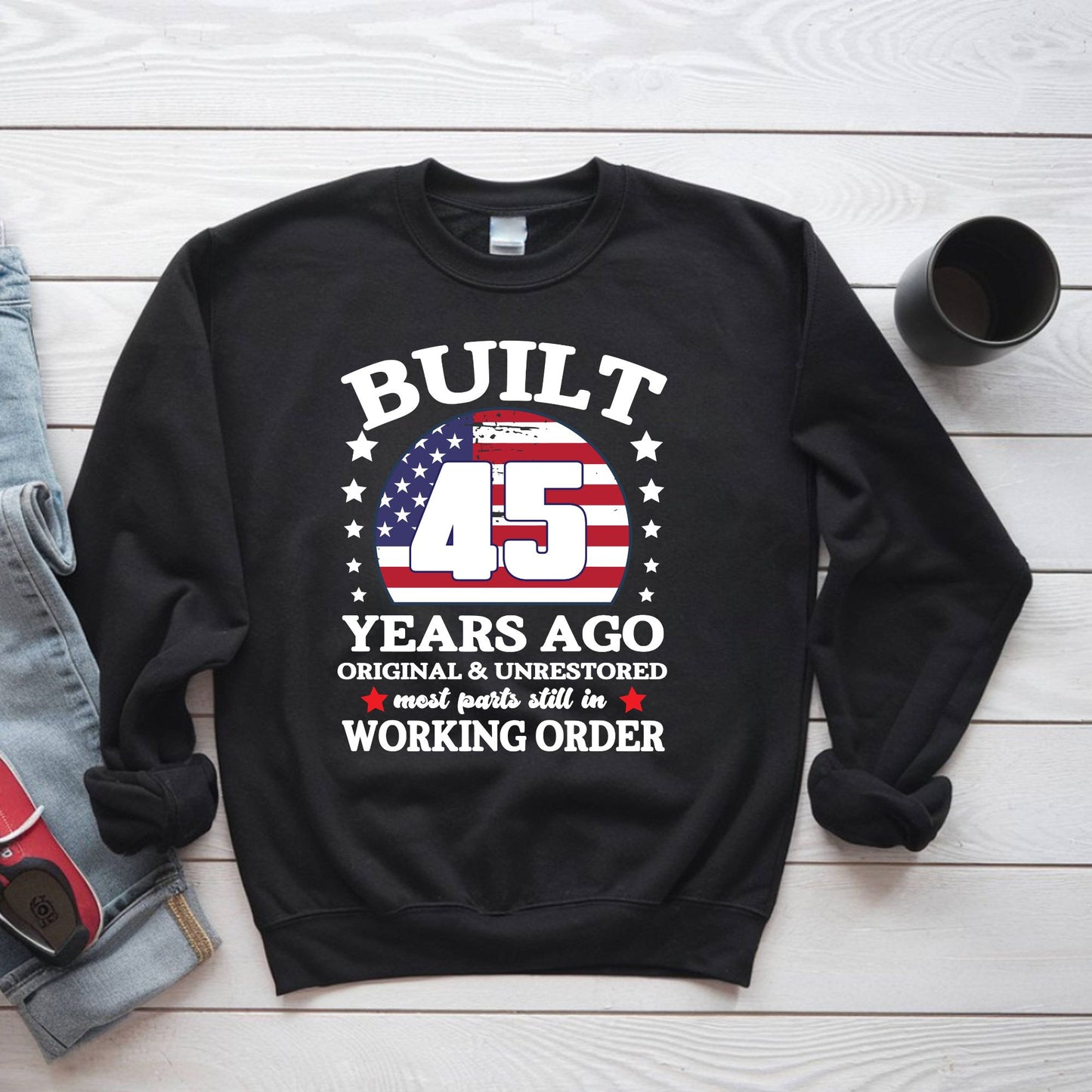 45th Birthday Shirt Built 45 Years Ago T-Shirt American Flag Birthday Gift