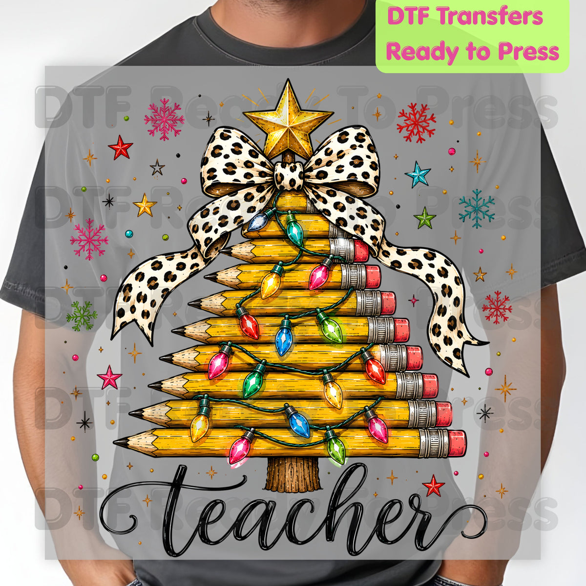 Christmas Teacher Pencil Tree DTF Transfers, School Leopard Bow Lights Holiday Ready to Press