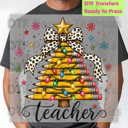 Christmas Teacher Pencil Tree DTF Transfers, School Leopard Bow Lights Holiday Ready to Press