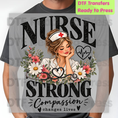 Nurse Strong Floral DTF Transfers, Medical Nursing Stethoscope Girl Floral Ready to Press