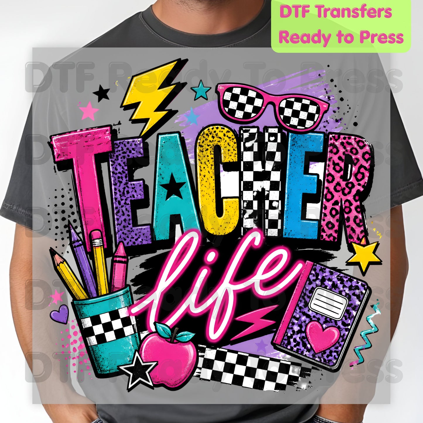Retro Neon Teacher Life DTF Transfers, Colorful Doodle Graffiti Checkerboard Sunglasses Back to School Ready to Press