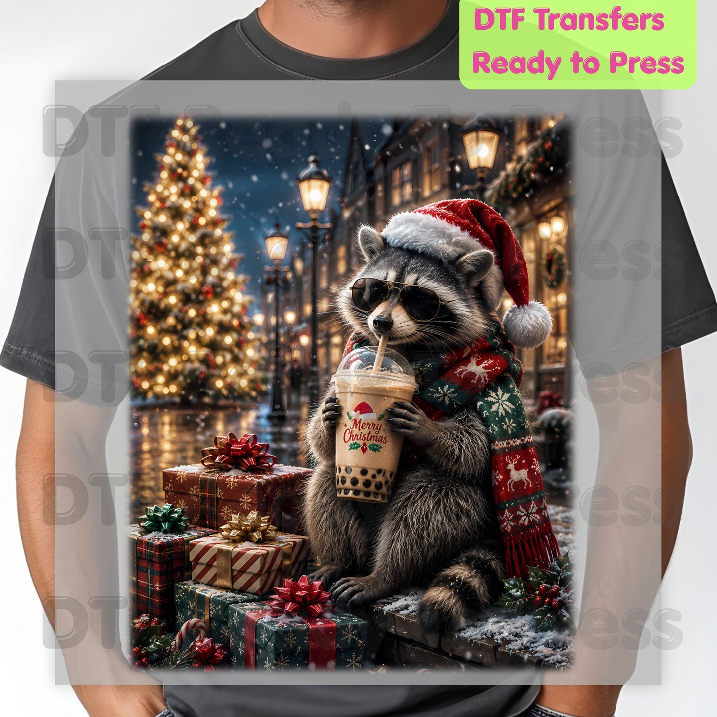 Christmas Raccoon DTF Transfers, Santa Hat Coffee Drink Cute Holiday Winter Ready to Press