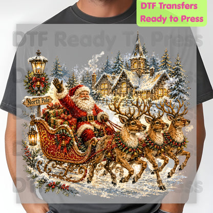 Vintage Santa DTF Transfers, Sleigh Reindeer North Pole Winter Village Christmas Ready to Press