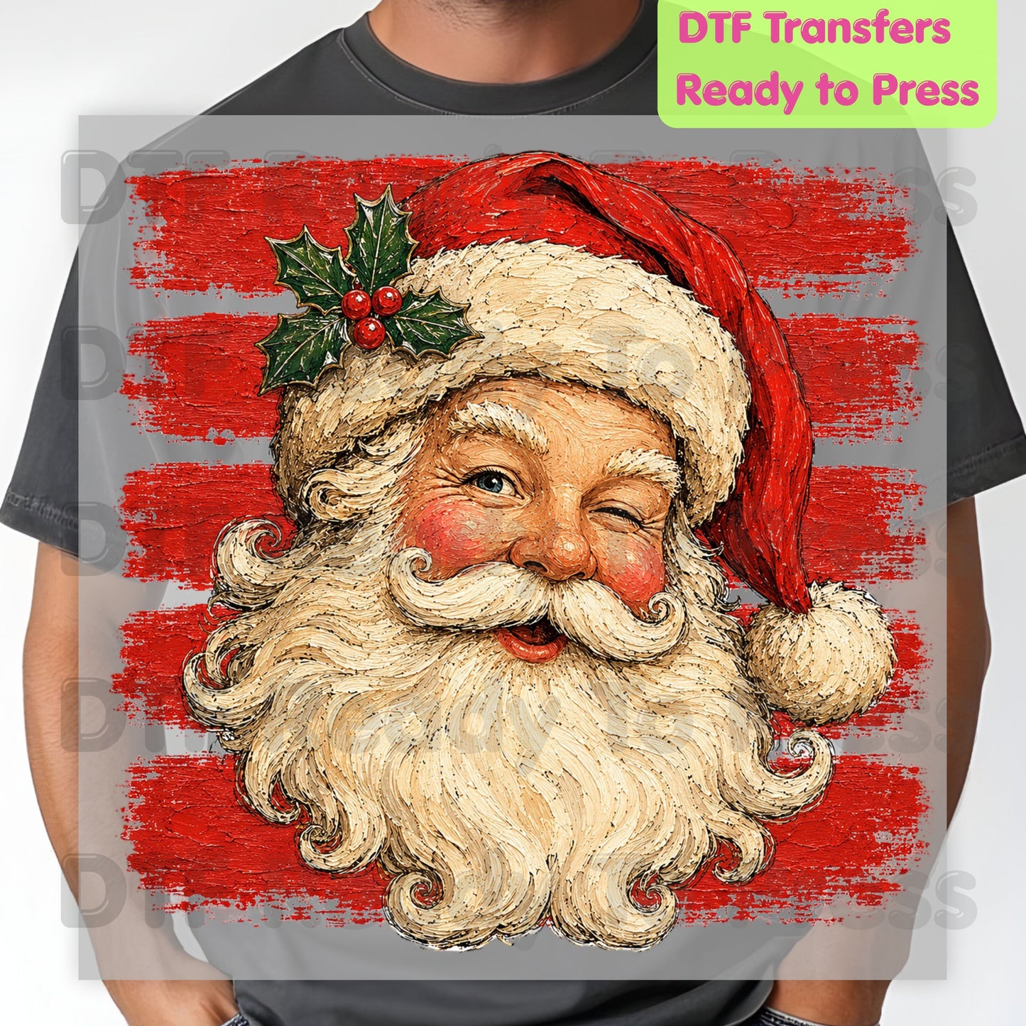 Vintage Winking Santa DTF Transfers, Retro Christmas Red Stripes Nostalgic Holiday Ready to Press