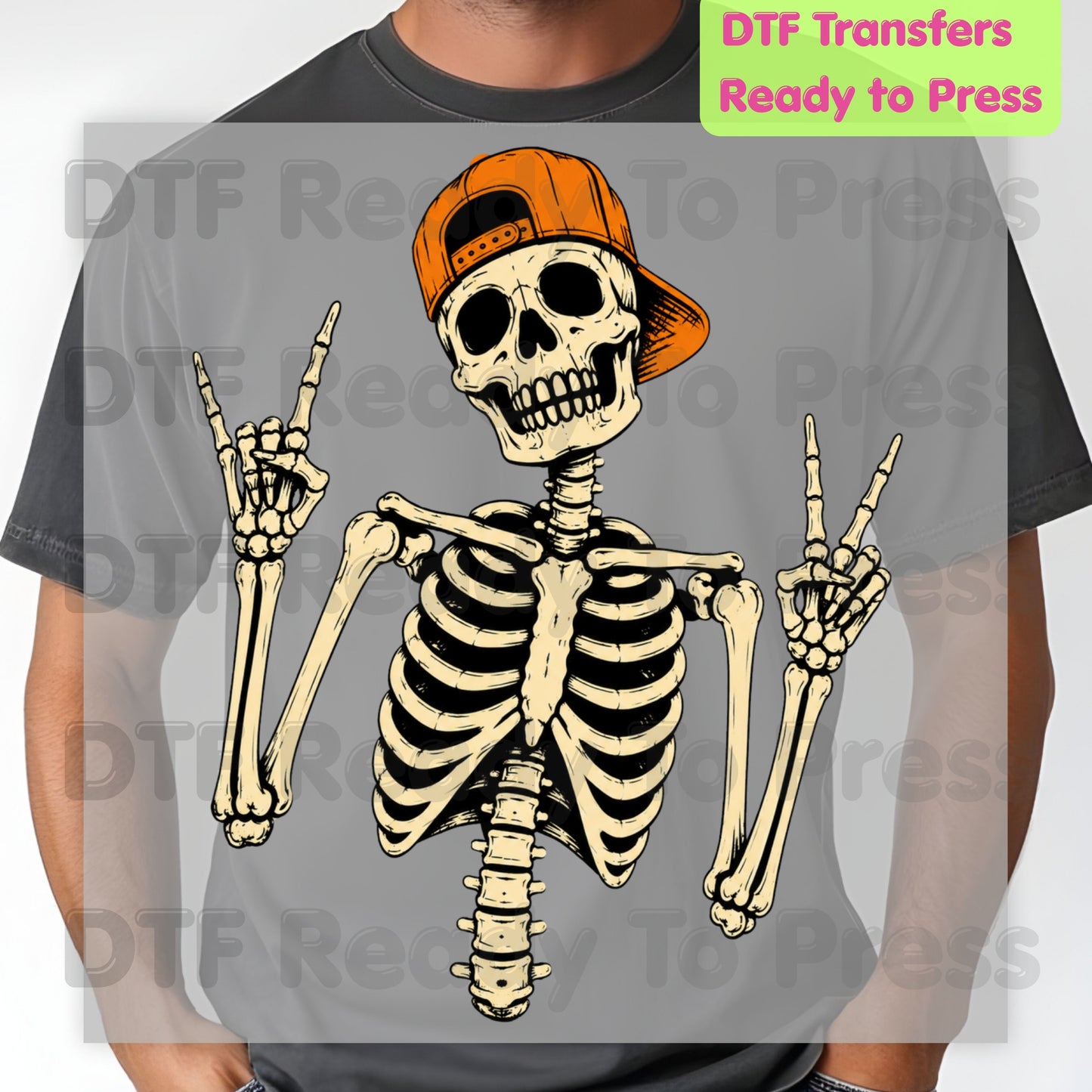 Cool Skeleton DTF Transfers, Rock On Peace Sign Halloween Orange Hat Ready to Press
