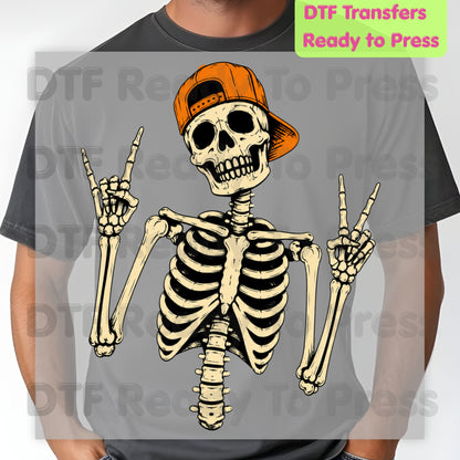 Cool Skeleton DTF Transfers, Rock On Peace Sign Halloween Orange Hat Ready to Press