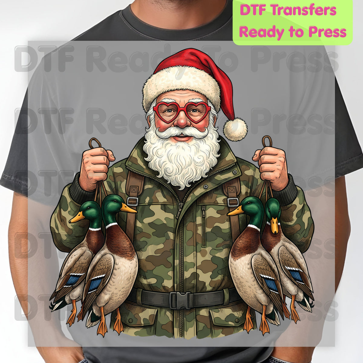 Christmas DTF Transfer, Santa Duck Hunting, Camo Mallards Graphic