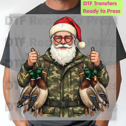 Christmas DTF Transfer, Santa Duck Hunting, Camo Mallards Graphic