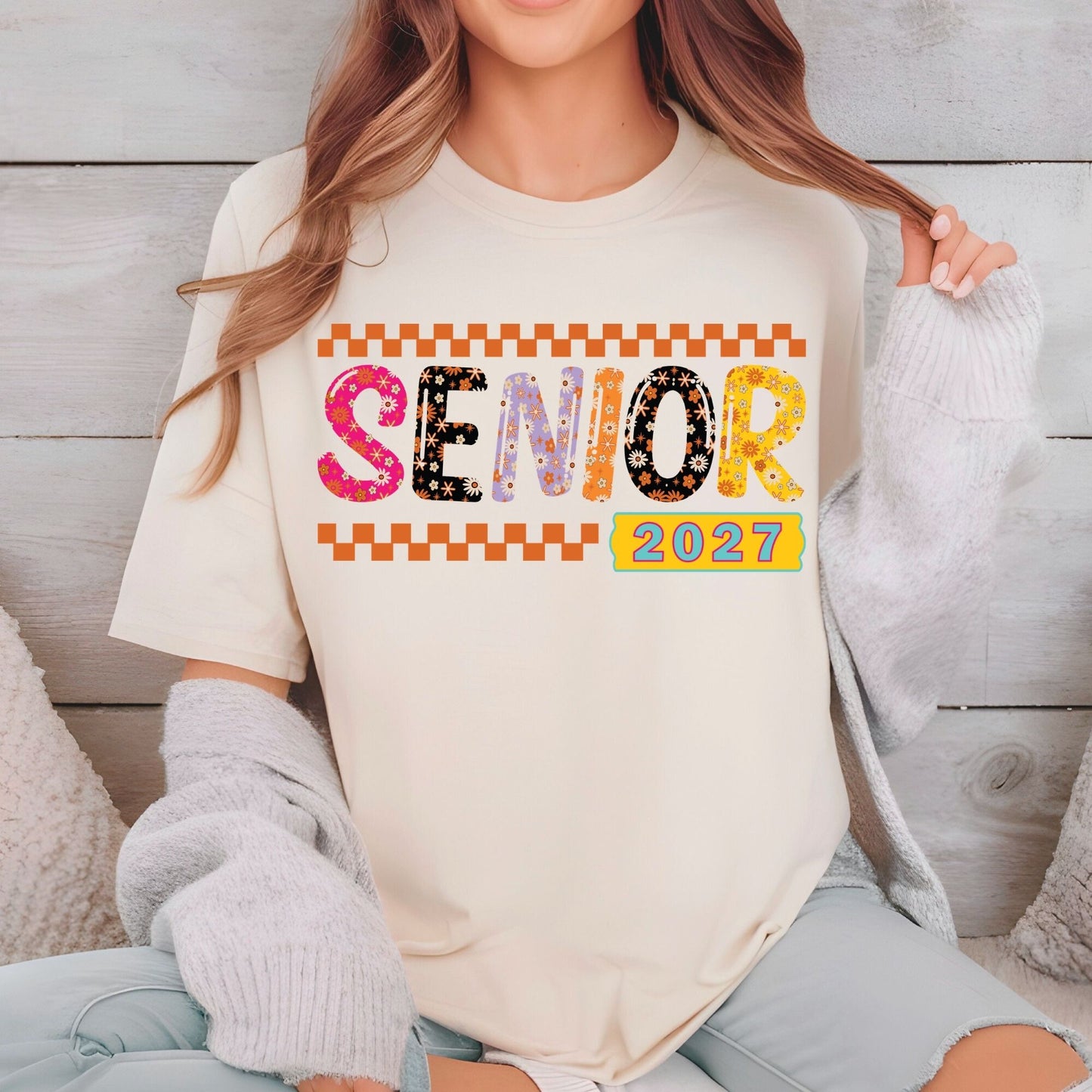 Senior 2027 DTF Transfer Ready to Press Graduation Heat Transfer for Shirts Groovy Retro Daisy Flowers Orange Checkerboard Tee