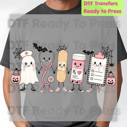 Pink Spooky Nurse Squad DTF Transfers, Halloween Ghost Stethoscope Medical Bandage Ready to Press