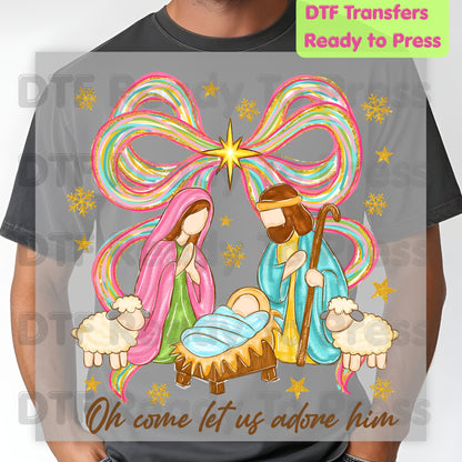 Christian Nativity Oh Come Let Us Adore Him DTF Transfer Ready to Press Nativity Scene Heat Transfer For Shirts Colorful Christmas Bow Christian Jesus Print