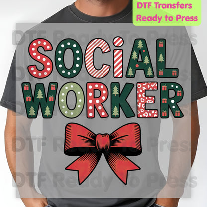 Christmas Social Worker DTF Transfers, Holiday Social Work Red Bow Pattern Ready to Press