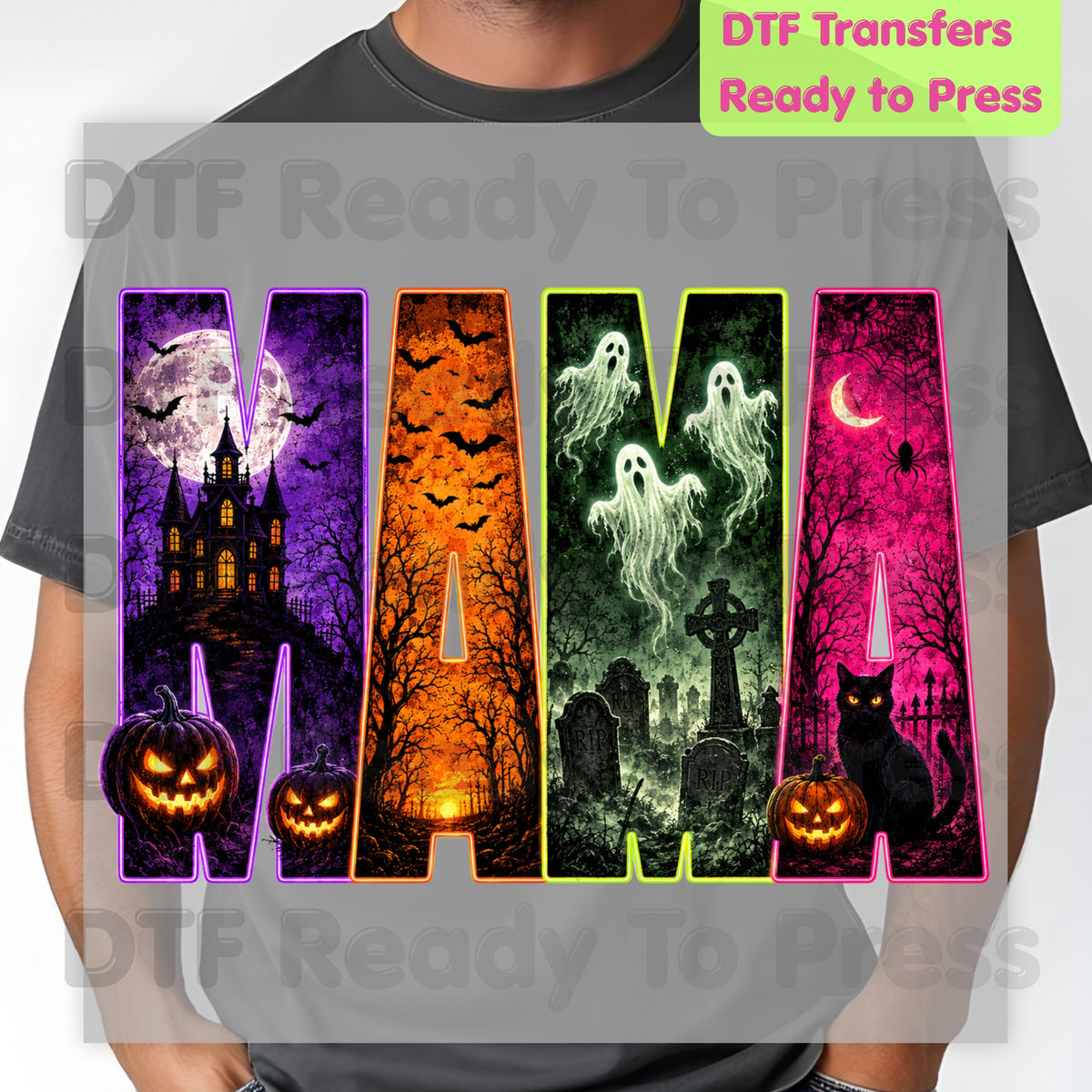 Halloween Mama DTF Transfers, Neon Haunted House Ghost Pumpkin Spooky Ready to Press