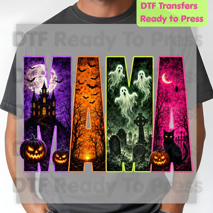 Halloween Mama DTF Transfers, Neon Haunted House Ghost Pumpkin Spooky Ready to Press