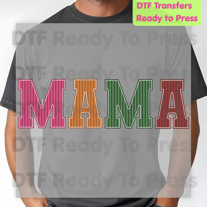 Mama DTF Transfers, Striped Colorful Retro Varsity Letter Mama Ready to Press