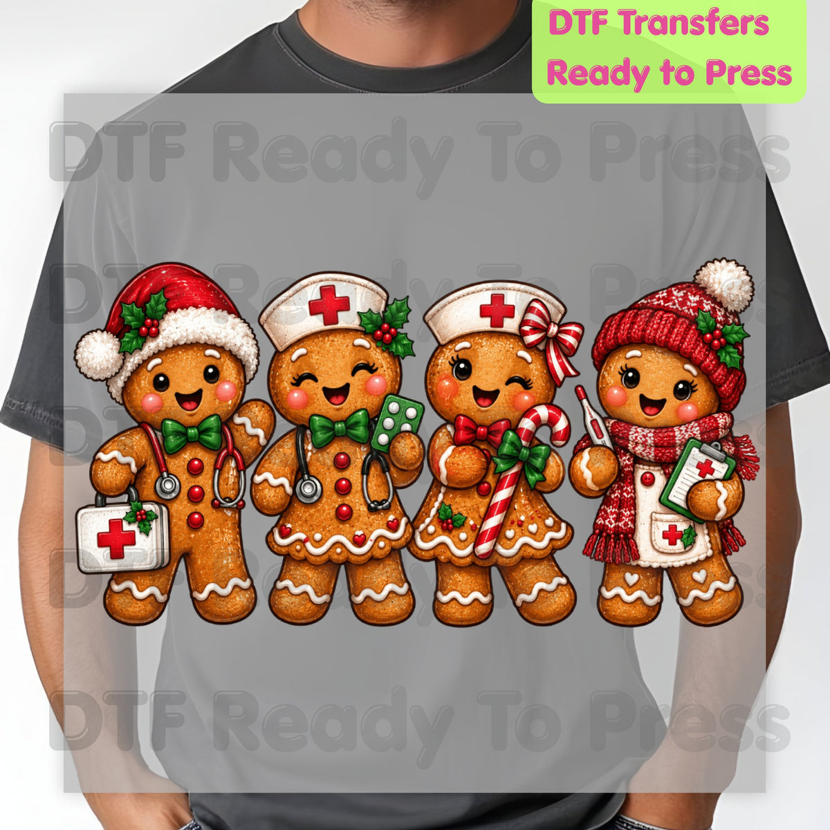 Christmas Gingerbread Nurse Team DTF Transfers, Medical Nursing Stethoscope Holiday Ready to Press