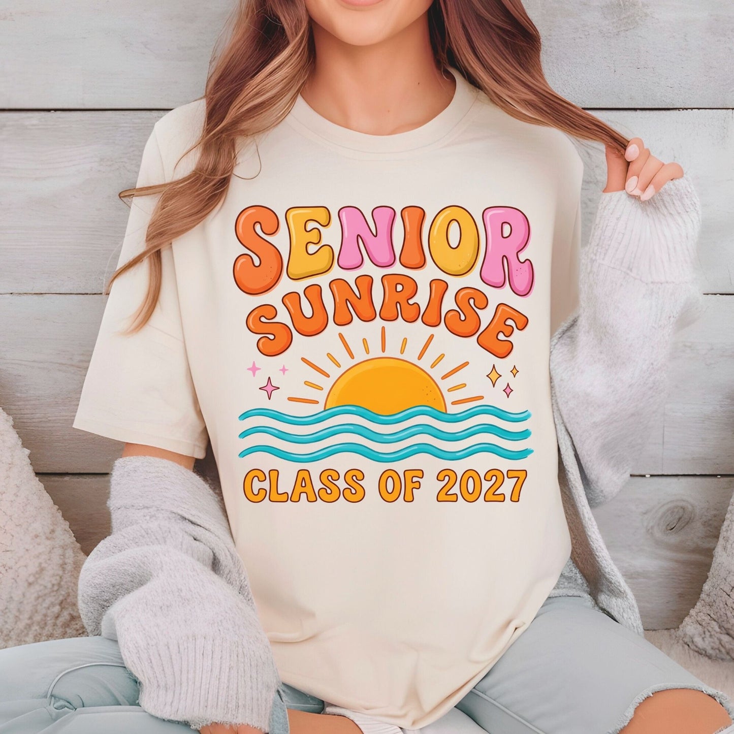 Senior Sunrise Class of 2027 DTF Transfer Ready to Press Graduation Heat Transfer for Shirts Retro Sun Waves Bubble Font Tee