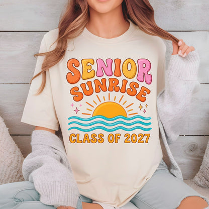 Senior Sunrise Class of 2027 DTF Transfer Ready to Press Graduation Heat Transfer for Shirts Retro Sun Waves Bubble Font Tee