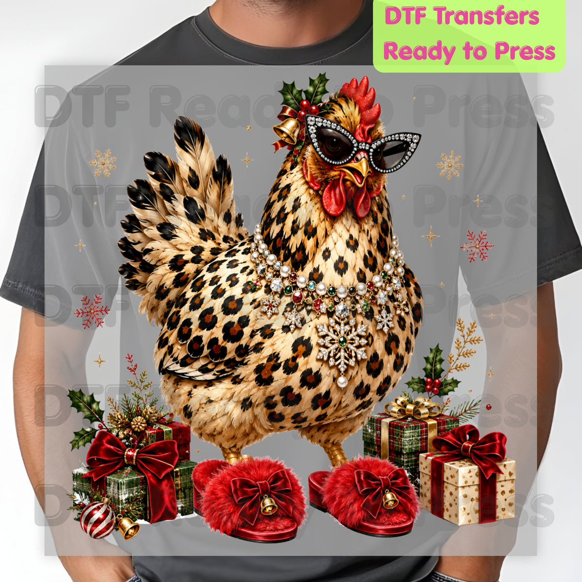Funny Chicken DTF Transfers, Leopard Print Sunglasses Red Slippers Christmas Holiday Ready to Press