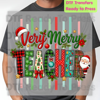 Very Merry Teacher DTF Transfers, Christmas School Plaid Santa Striped Graphic Ready to Press