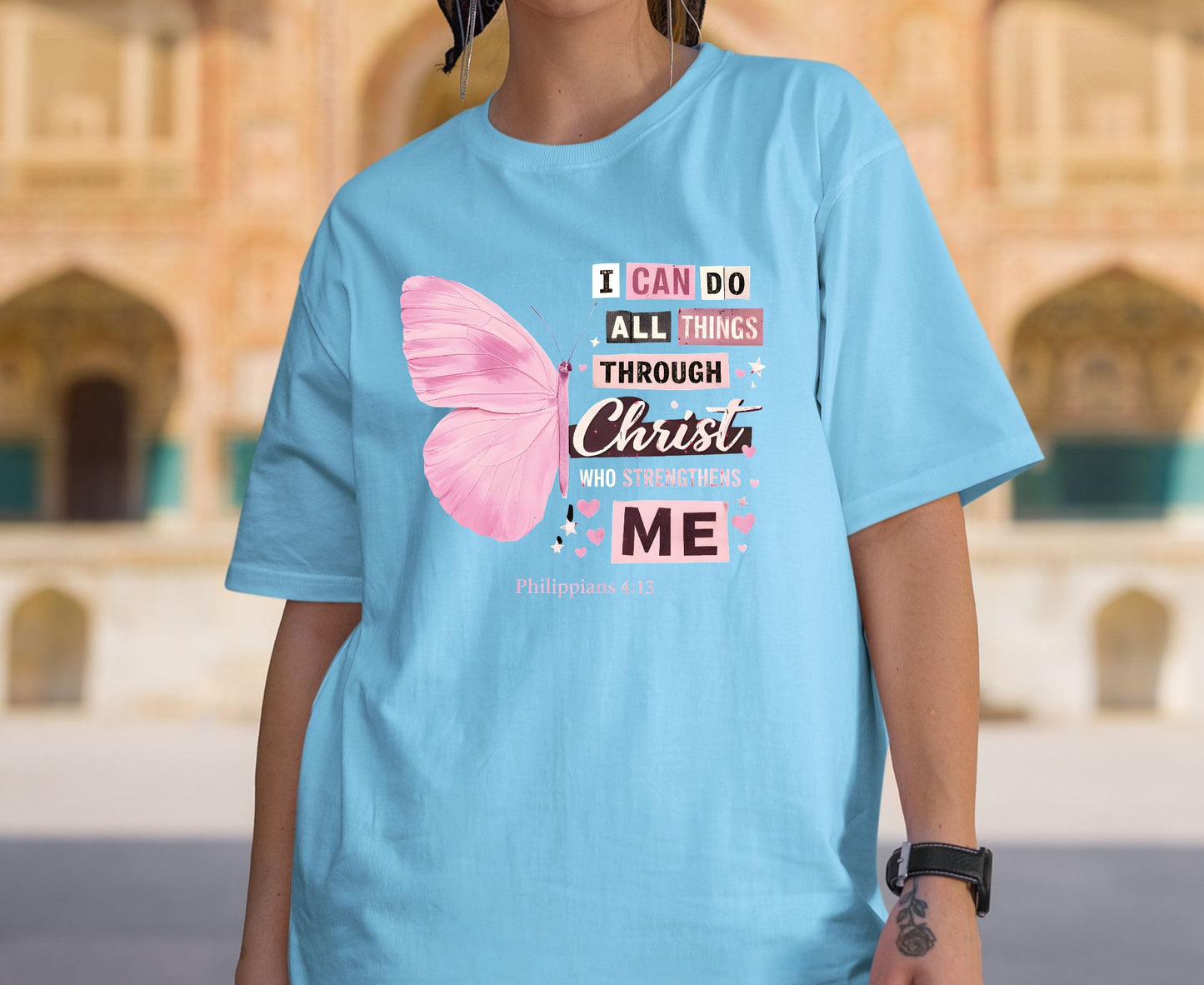 Philippians 4:13 T Shirt Pink Butterfly Tee I Can Do All Things Through Christ Shirt Religious Faith Gift Adult Youth Toddler Baby Church Outfit