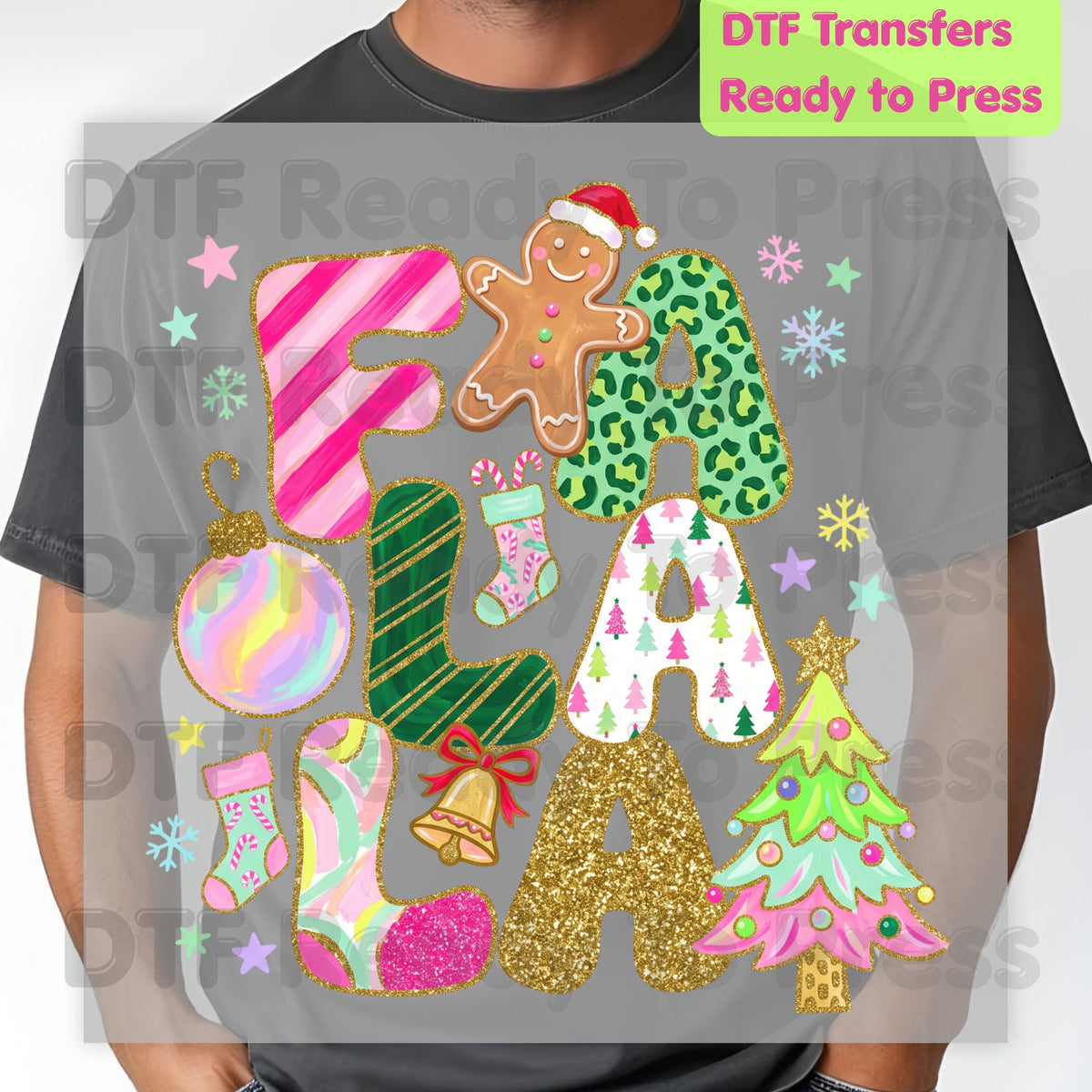 Fa La La Gingerbread Christmas DTF Transfers, Colorful Pink Christmas Tree Holiday Ready to Press
