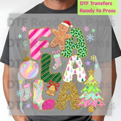 Fa La La Gingerbread Christmas DTF Transfers, Colorful Pink Christmas Tree Holiday Ready to Press