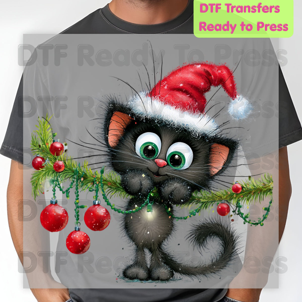Black Cat Christmas DTF Transfers, Santa Hat Christmas Lights Cute Kitten Holiday Ready to Press