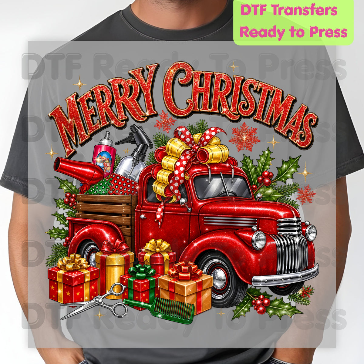 Merry Christmas Red Truck DTF Transfers, Holiday Hair Stylist Salon Presents Graphic Ready to Press