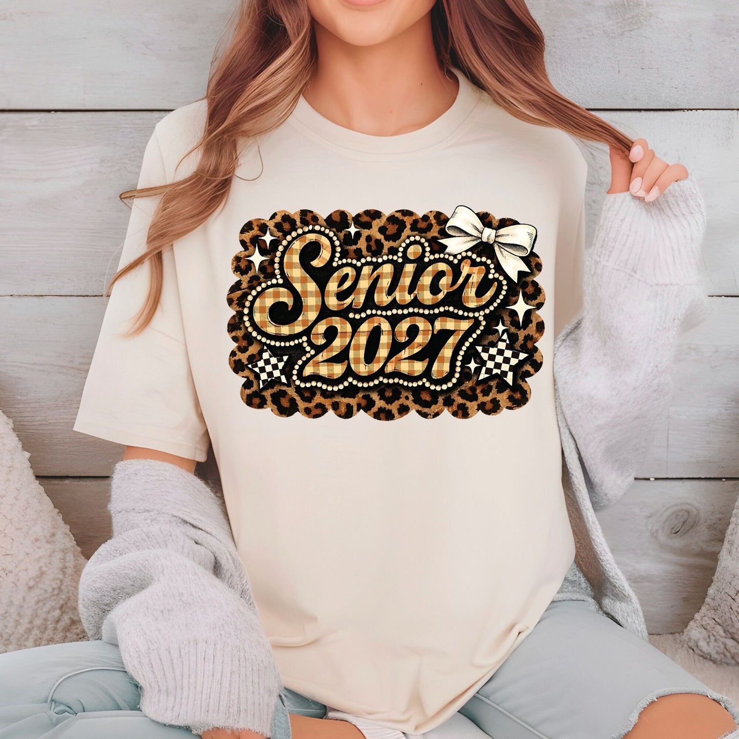 Senior 2027 DTF Transfer Ready to Press Graduation Heat Transfer for Shirts Brown Plaid Leopard Pearl Bow Stars Graphic Tee