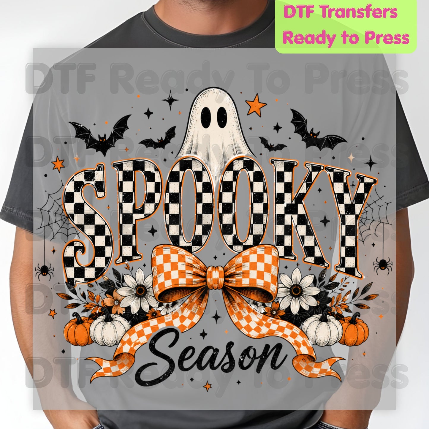 Halloween Spooky Season DTF Transfers, Checkered Bow Cute Ghost Bats Orange Plaid Pumpkins Ready to Press