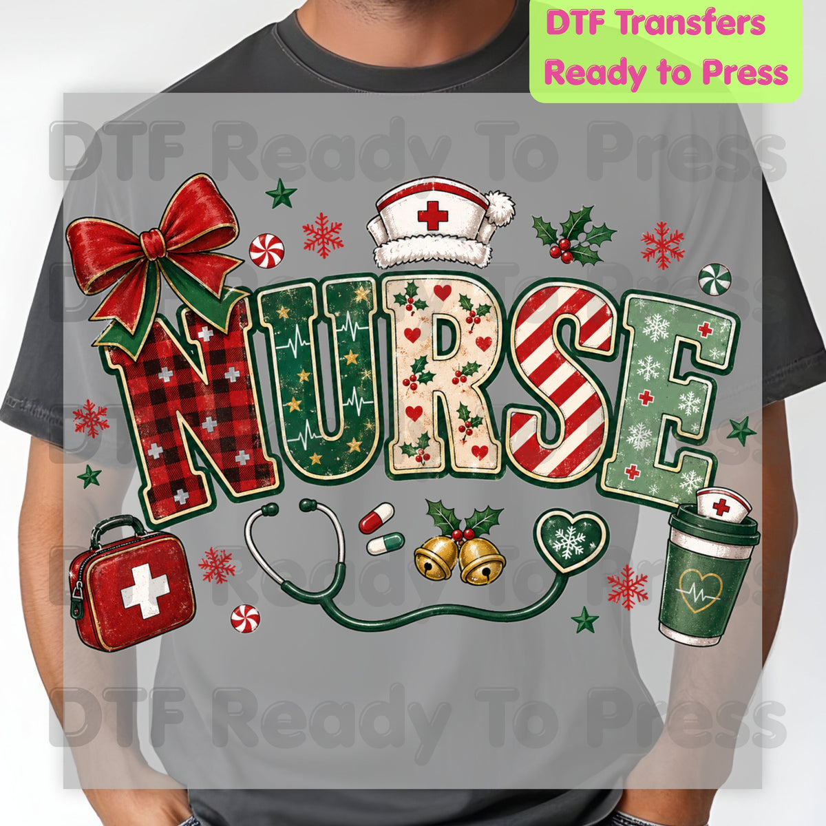 Christmas Nurse DTF Transfers, Medical Nursing Plaid Stethoscope Bow Holiday Ready to Press