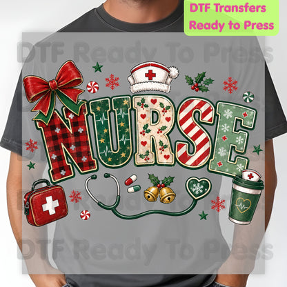 Christmas Nurse DTF Transfers, Medical Nursing Plaid Stethoscope Bow Holiday Ready to Press