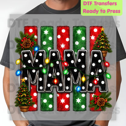 Christmas Mama DTF Transfers, Christmas Tree Lights Black Polka Dot Holiday Ready to Press