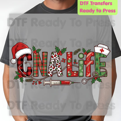 Christmas GNA Life DTF Transfers, Nursing Medical Plaid Leopard Stethoscope Holiday Ready to Press