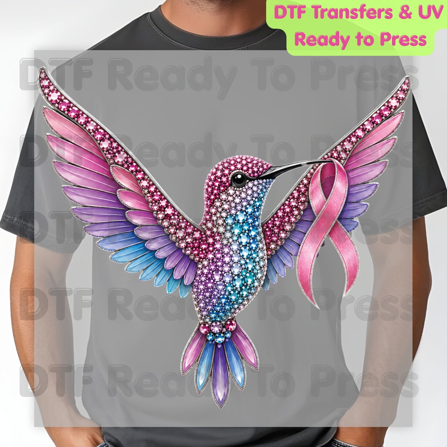 Rhinestone Hummingbird Pink Ribbon Breast Cancer Awareness DTF Transfer Ready to Press Heat Transfer Bird Tee