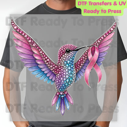 Rhinestone Hummingbird Pink Ribbon Breast Cancer Awareness DTF Transfer Ready to Press Heat Transfer Bird Tee