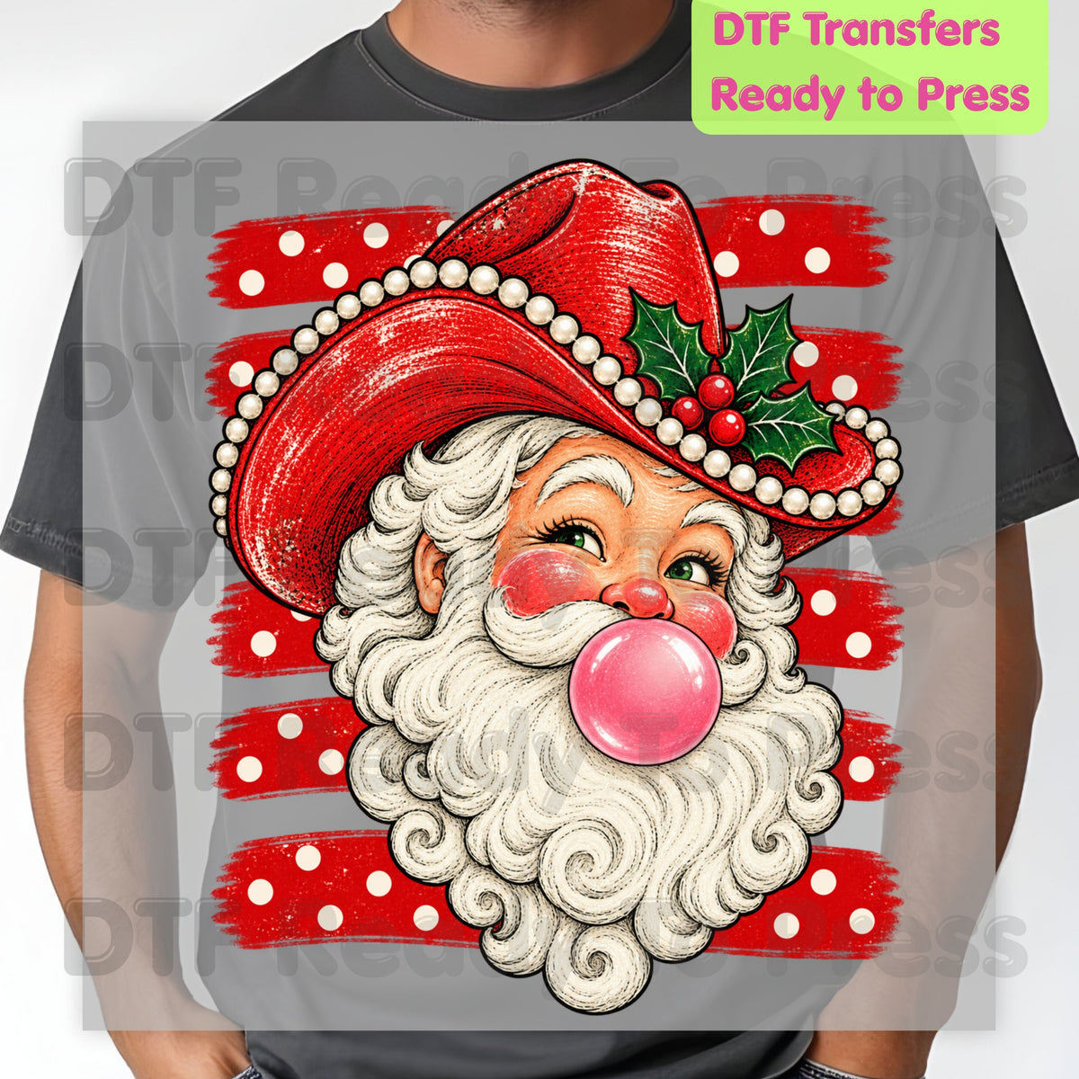 Western Santa DTF Transfers, Christmas Cowboy Hat Bubblegum Pink Vintage Holiday Ready to Press
